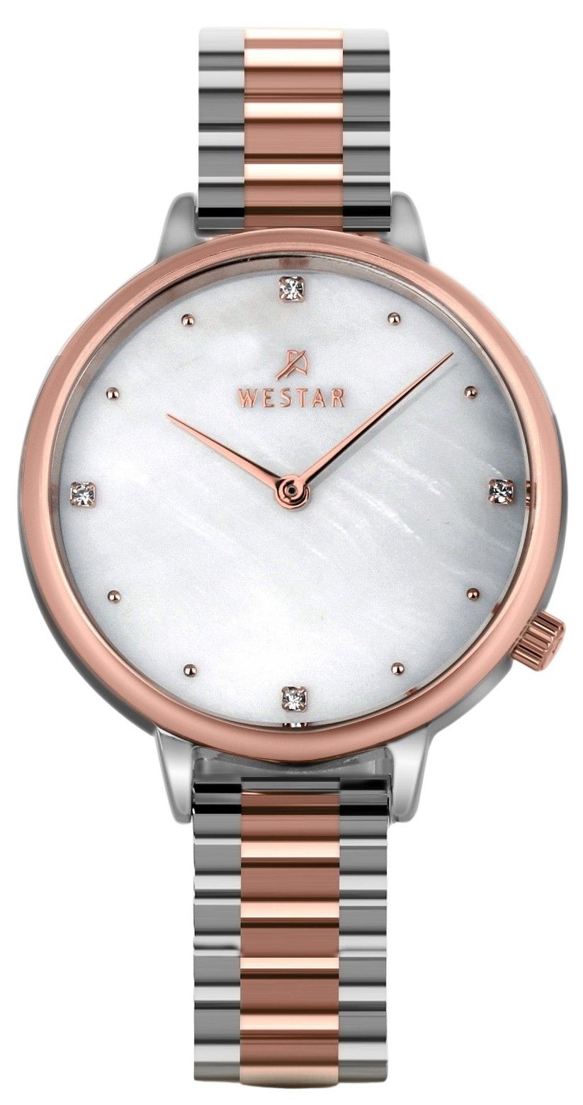 Westar Zing Crystal Accents Two Tone Stainless Steel White Mother Of Pearl Dial Quartz 00135SPN611 Women's Watch