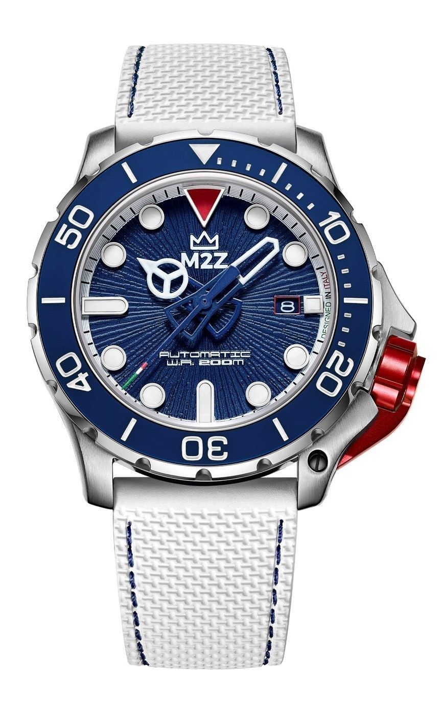 M2Z Diver 200 Sapphire Glass White Strap Blue Dial Automatic Diver's 200-007B 200M Men's Watch