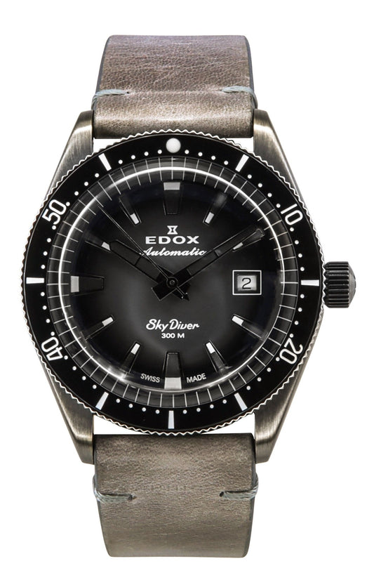 Edox Skydiver Limited Edition Leather Strap Grey Dial Automatic Diver's 80126 3VIN GDN 300M Men's Watch