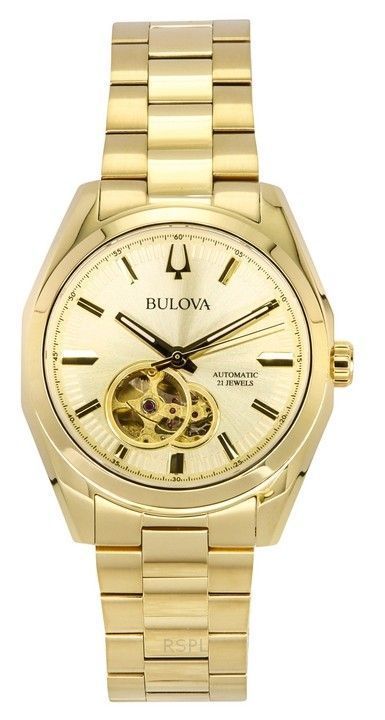 Bulova Surveyor Gold Tone Stainless Steel Open Heart Champagne Dial Automatic 97A182 Men's Watch