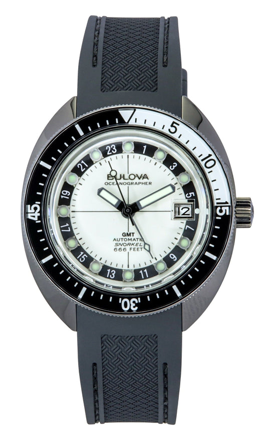 Bulova Oceanographer GMT PU Strap Full Lume White Dial Automatic Devil Diver's 98B407 200M Men's Watch