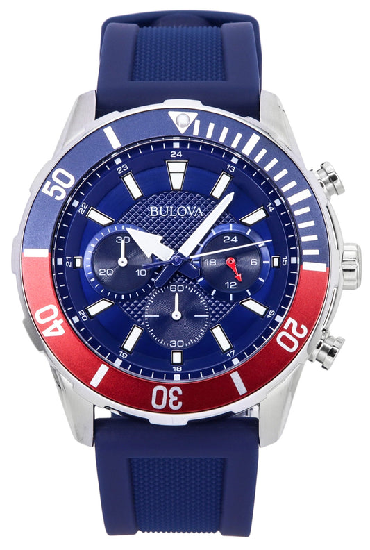 Bulova Sports Chronograph Silicone Strap Blue Dial Quartz 98K111 100M Men's Watch With Gift Set