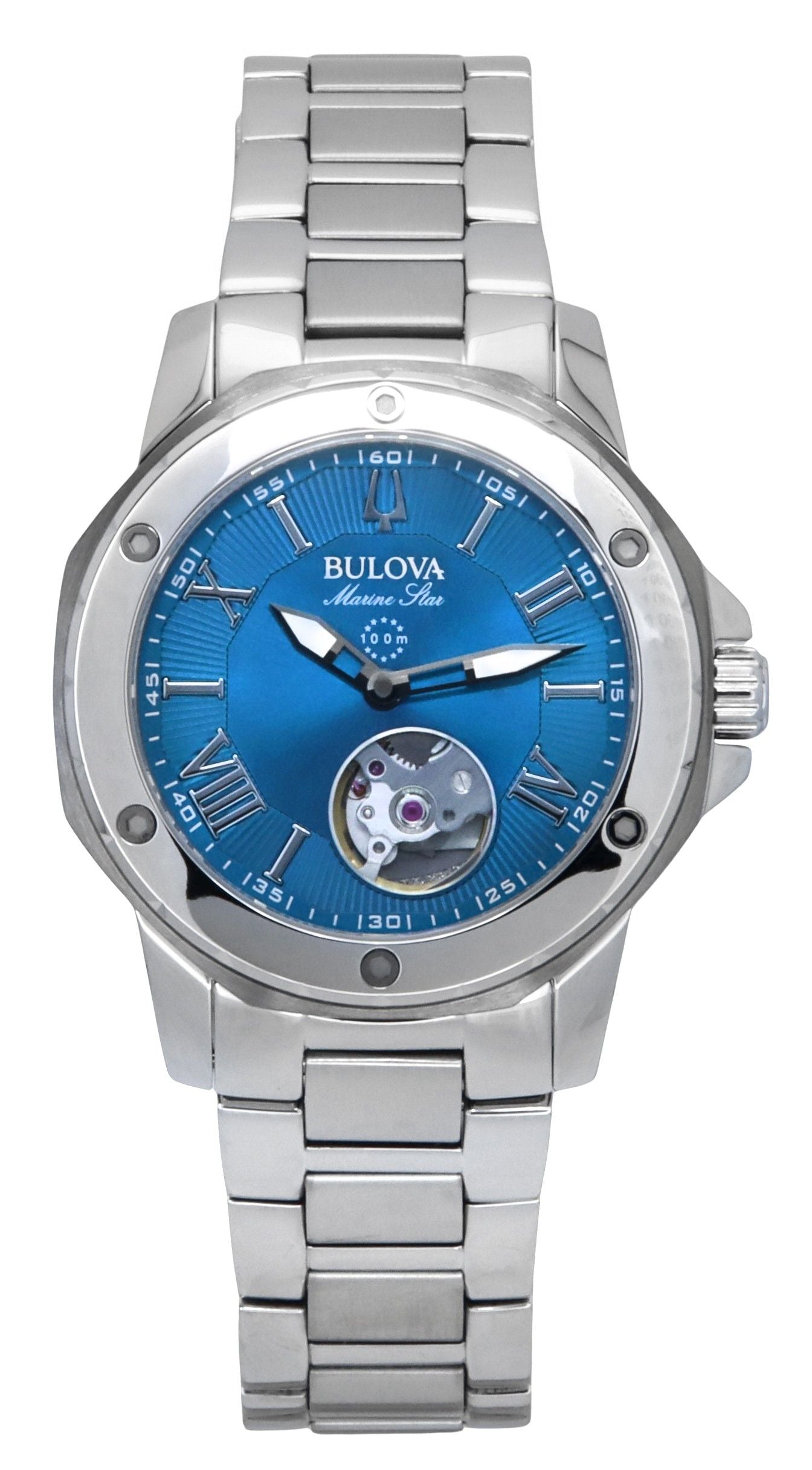 Bulova Marine Star Stainless Steel Open Heart Blue Dial Automatic 98L317 100M Women's Watch