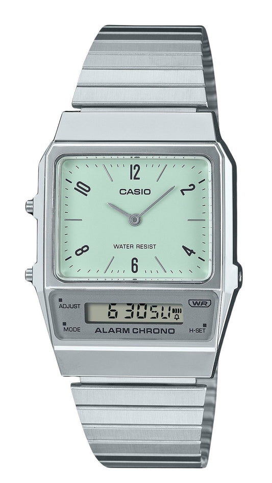 Casio Vintage Analog Digital Dual Time Stainless Steel Bracelet Green Dial Quartz AQ-800E-3A Unisex Watch