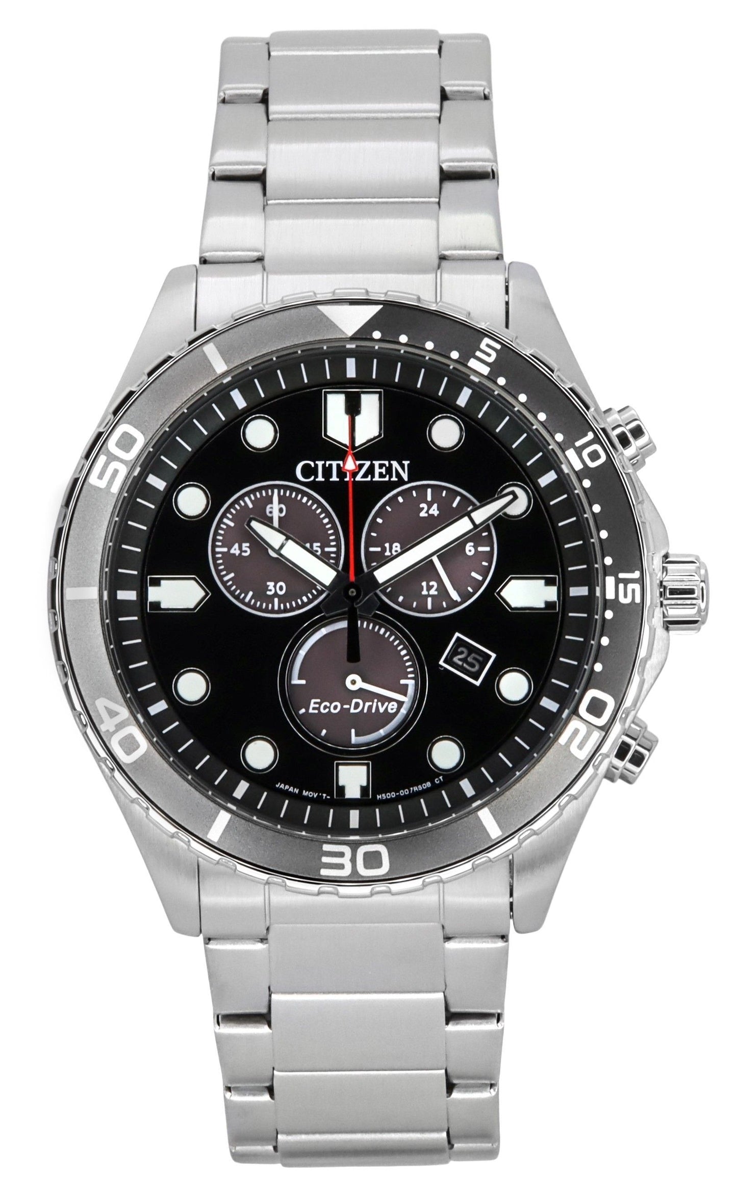 Citizen Sporty-Aqua Chronograph Stainless Steel Black Dial Eco-Drive AT2568-82E 100M Men's Watch