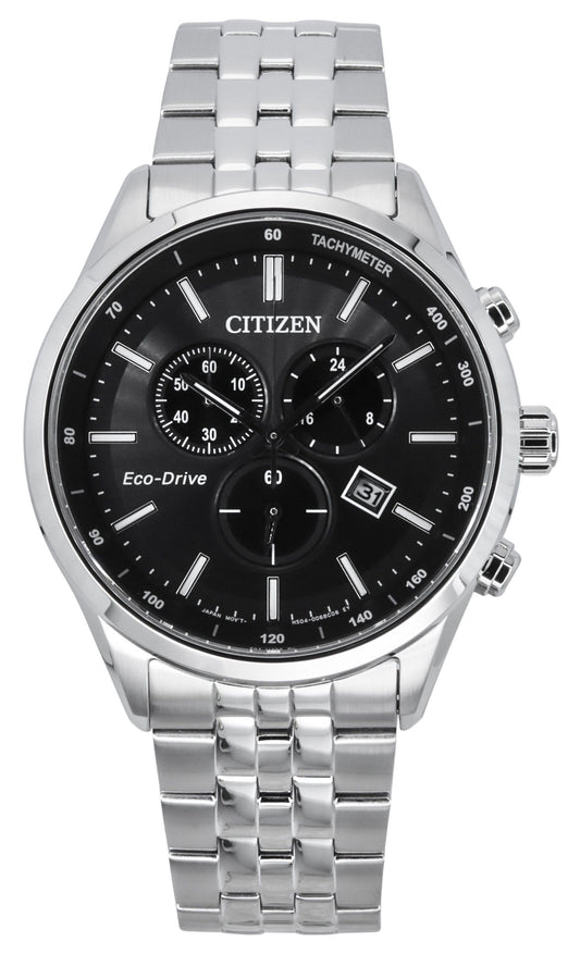 Citizen Eco-Drive Chronograph Stainless Steel Black Dial AT2570-56E 100M Men's Watch