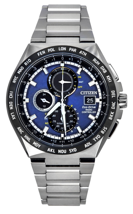 Citizen Eco-Drive Radio Controlled GMT Chronograph Super Titanium Blue Dial AT8238-84L 100M Men's Watch