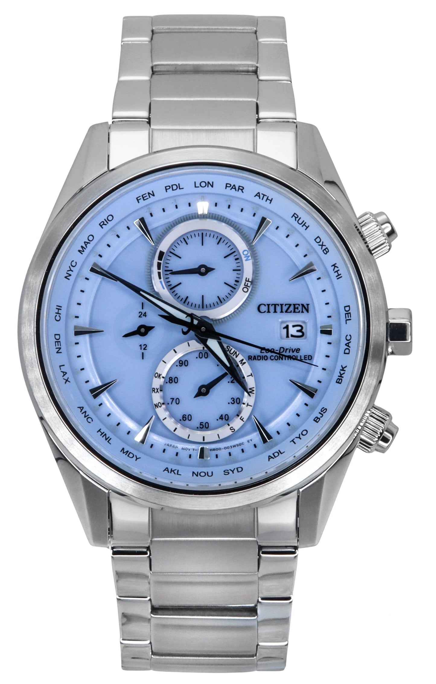 Citizen Eco-Drive Chronograph Radio Controlled Stainless Steel Ice Blue Dial AT8260-85M 100M Men's Watch