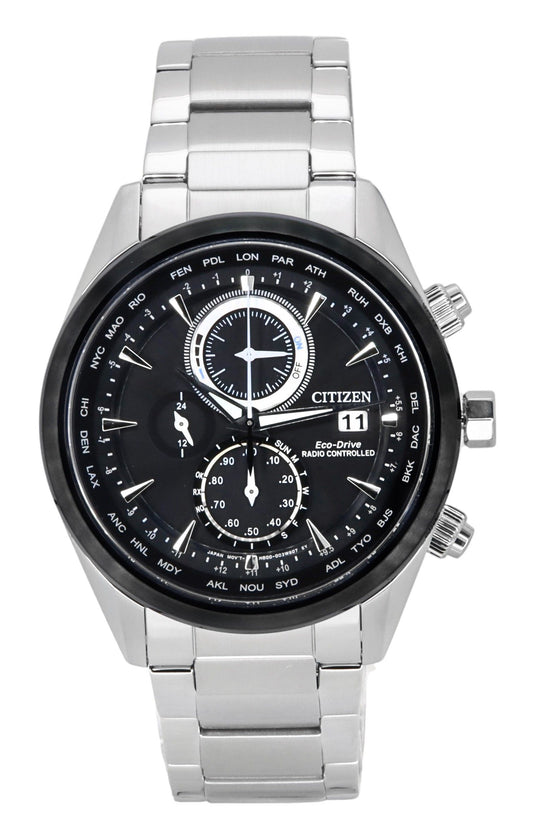 Citizen Eco-Drive Perpetual Calendar Chronograph Stainless Steel Black Dial AT8266-89E 100M Men's Watch