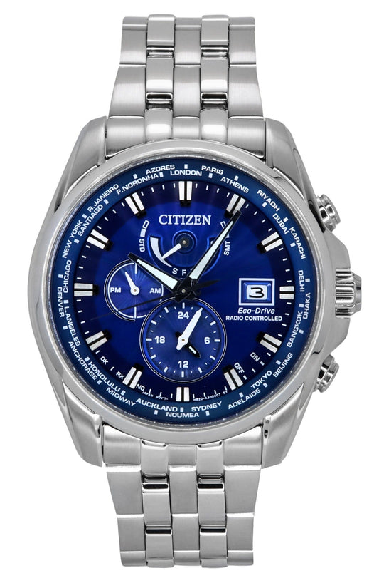 Citizen Eco-Drive Perpetual Calendar GMT Chronograph Stainless Steel Blue Dial Diver's AT9120-89L 200M Men's Watch