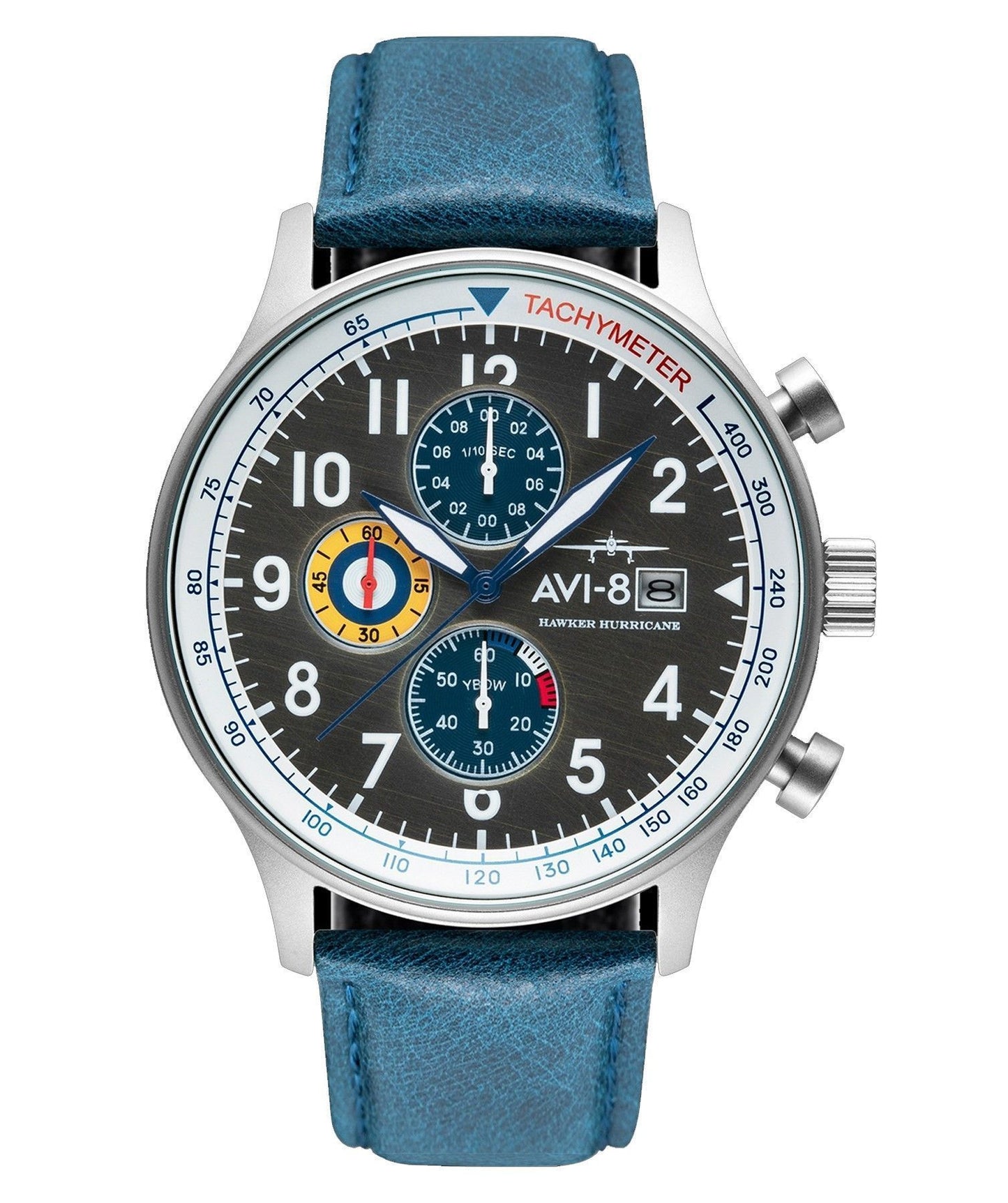 AVI-8 Hawker Hurricane Classic Chronograph Pennant Blue Leather Strap Grey Dial Quartz AV-4011-0F Men's Watch