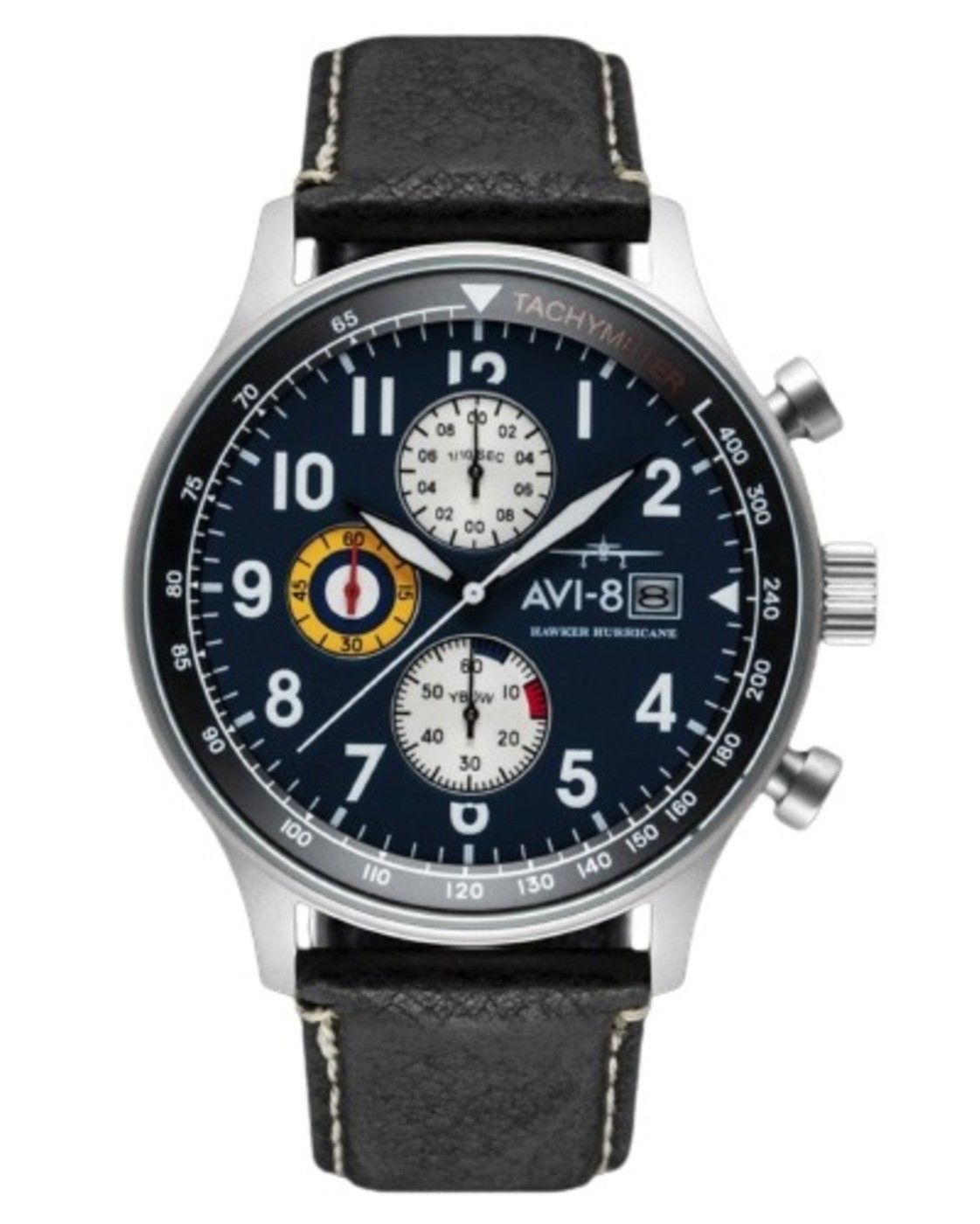 AVI-8 Hawker Hurricane Classic Chronograph Midnight Black Leather Strap Blue Dial Quartz AV-4011-0I Men's Watch