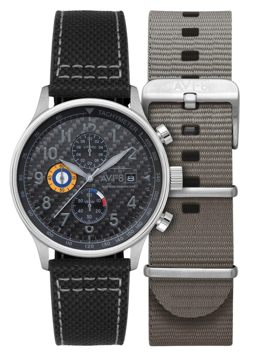 AVI-8 Hawker Hurricane Classic Chronograph Carbon Fiber Black Dial Quartz AV-4011-0W Men's Watch With Extra Strap