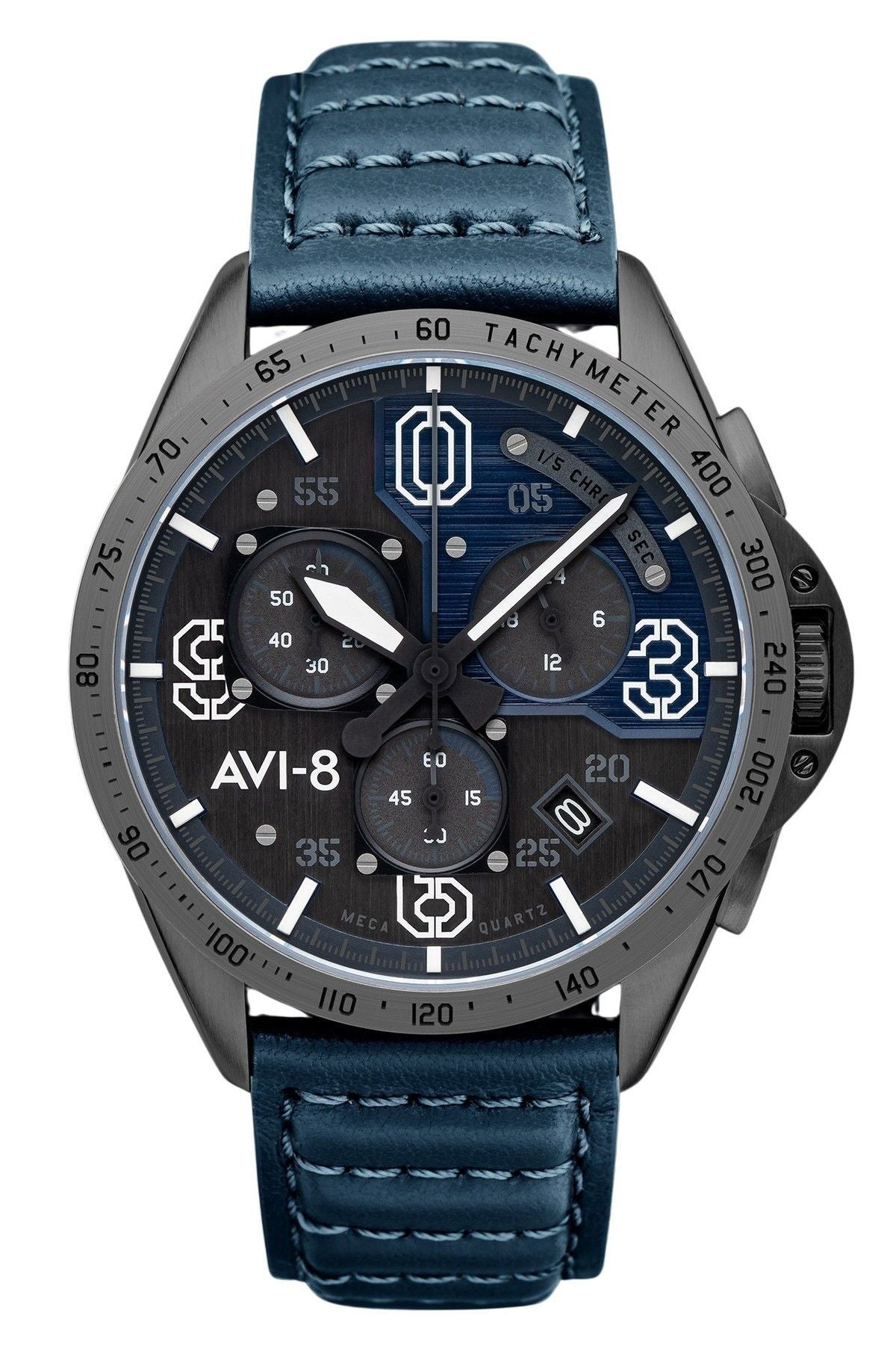 AVI-8 P-51 Mustang Blakeslee Chronograph Air Blue Leather Strap Grey And Blue Dial Quartz AV-4077-04 Men's Watch