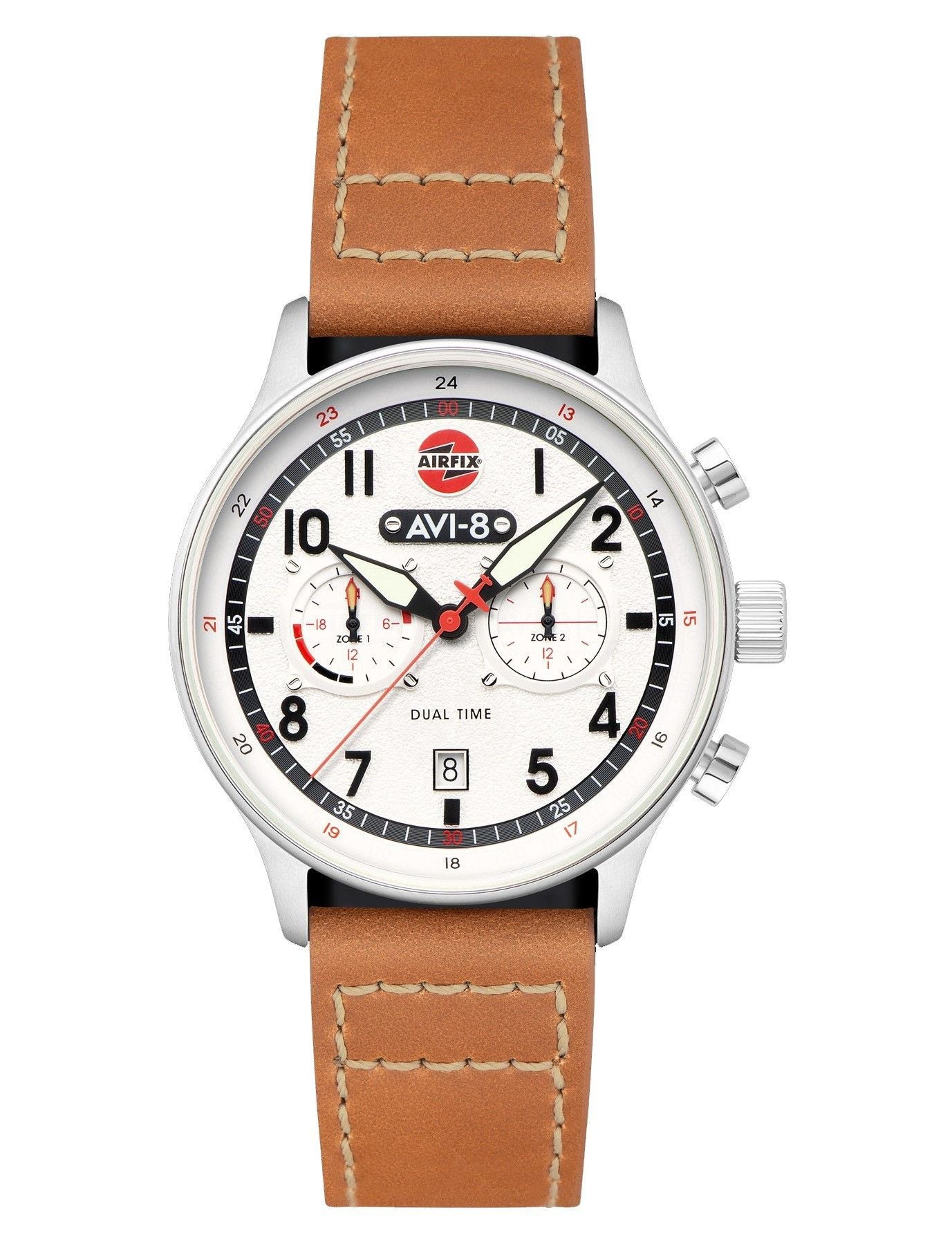 AVI-8 Hawker Hurricane Carey Dual Time Airfix Edition Silver Leather Strap White Dial Quartz AV-4088-06 Men's Watch