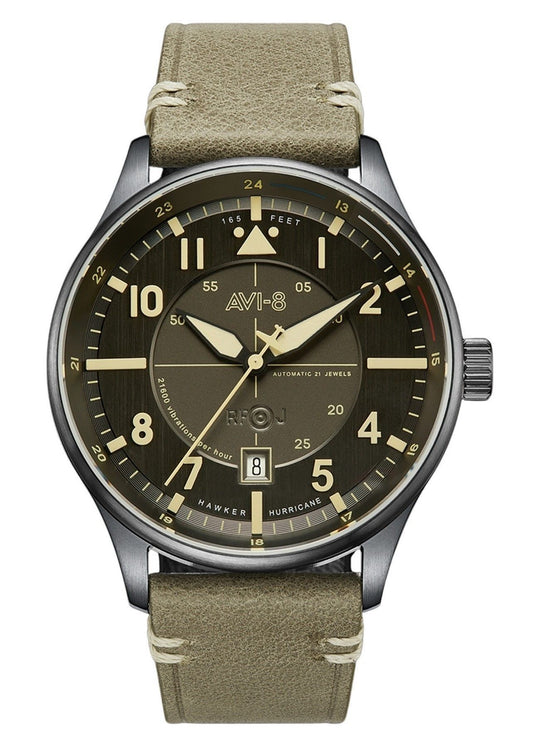 AVI-8 Hawker Hurricane Kent Automatic Stanton Leather Strap Grey Dial AV-4094-04 Men's Watch