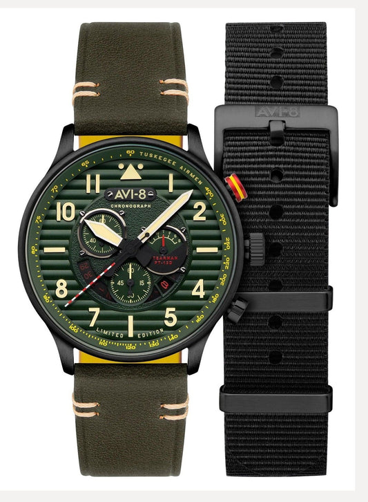 AVI-8 Flyboy Spirit Of Tuskegee Chronograph Limited Edition Green Dial Quartz AV-4109-04 Men's Watch With Extra Strap