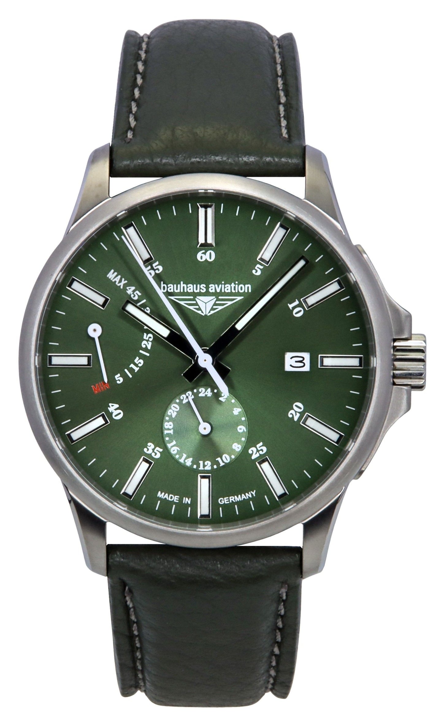 Bauhaus Aviation Green Leather Strap Dark Green Dial Automatic 28604 100M Men's Watch