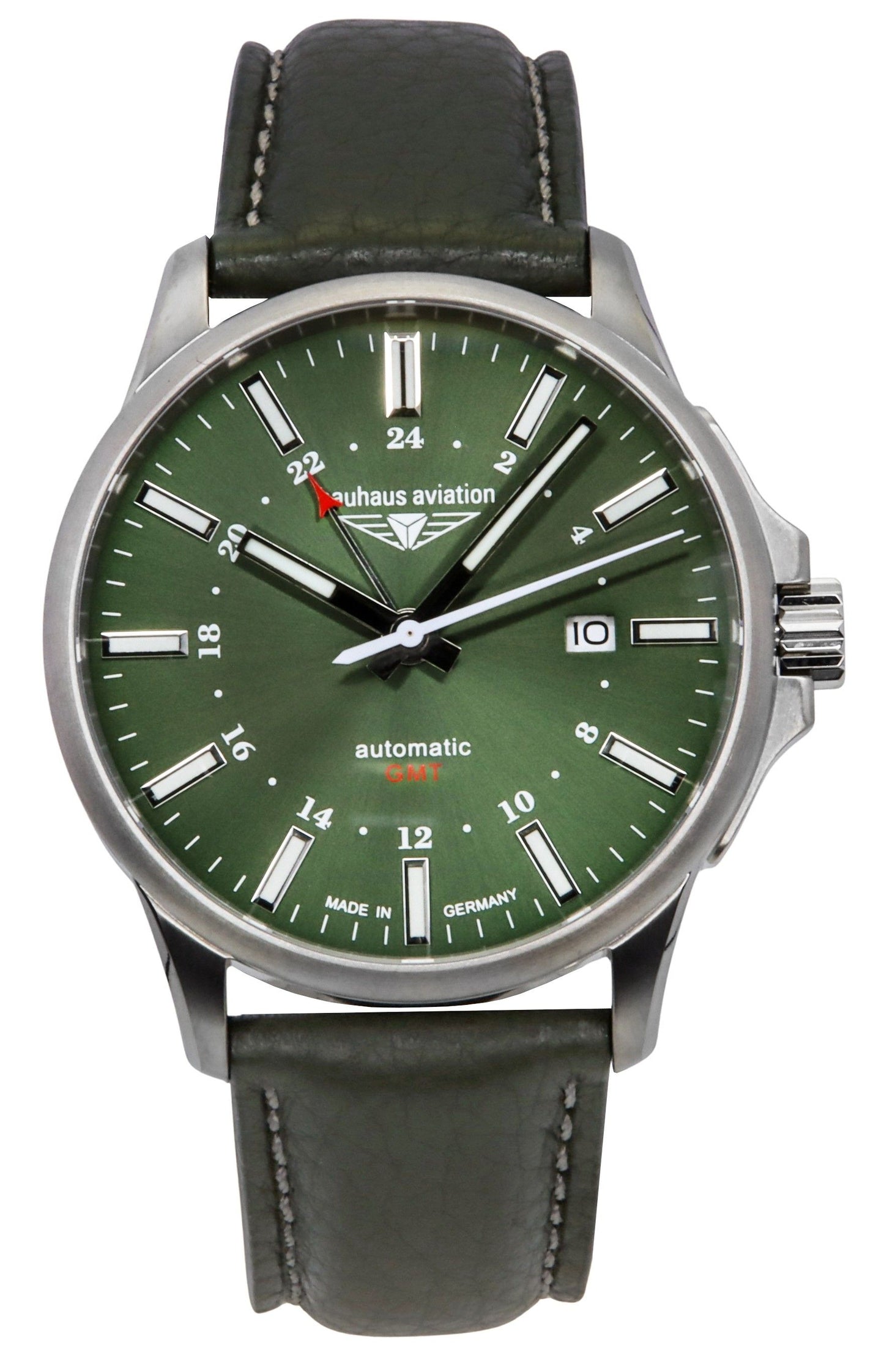 Bauhaus Aviation GMT Green Leather Strap Dark Green Dial Automatic 28684 100M Men's Watch