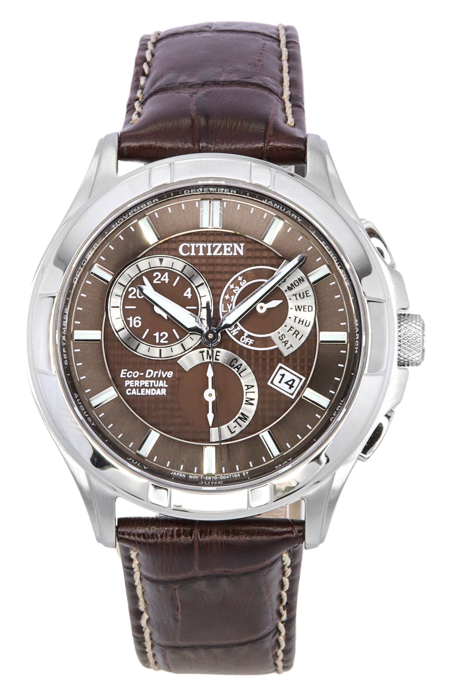 Citizen Eco-Drive Perpetual GMT Leather Strap Brown Dial BL8160-07X 100M Men's Watch