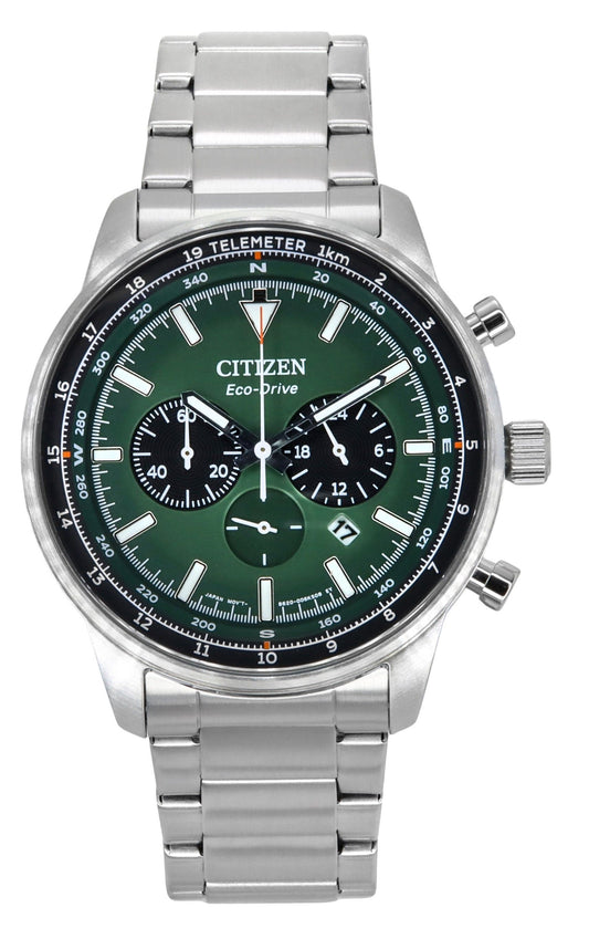 Citizen Eco-Drive Chronograph Stainless Steel Green Dial CA4500-91X 100M Men's Watch