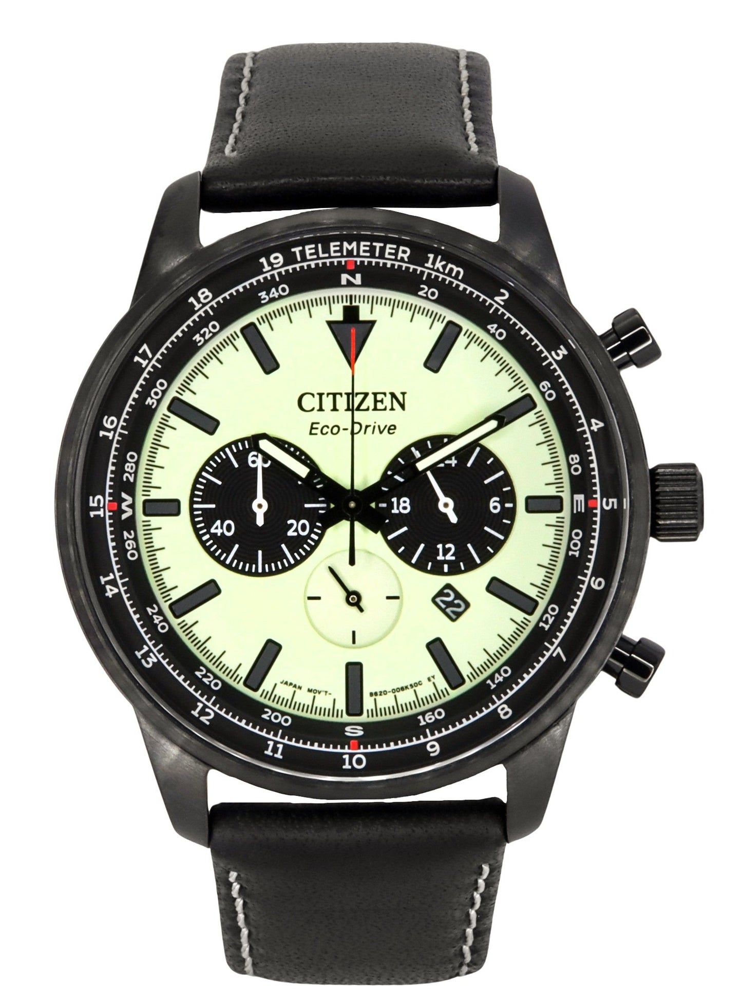 Citizen Eco-Drive Chronograph Leather Strap Full Luminous Green Dial CA4505-21X 100M Men's Watch