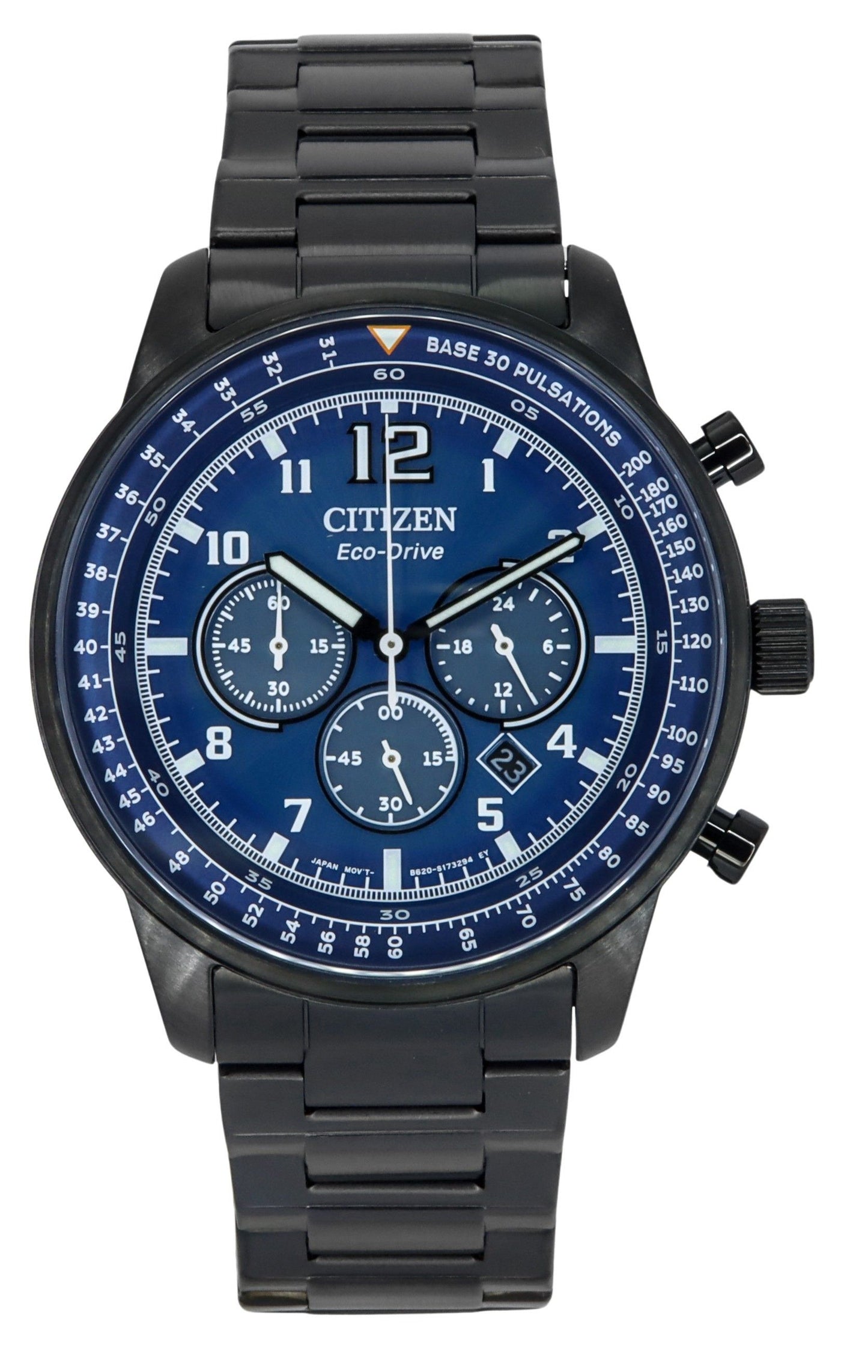 Citizen Eco-Drive Chronograph Black Ion Stainless Steel Blue Dial CA4505-80L 100M Men's Watch