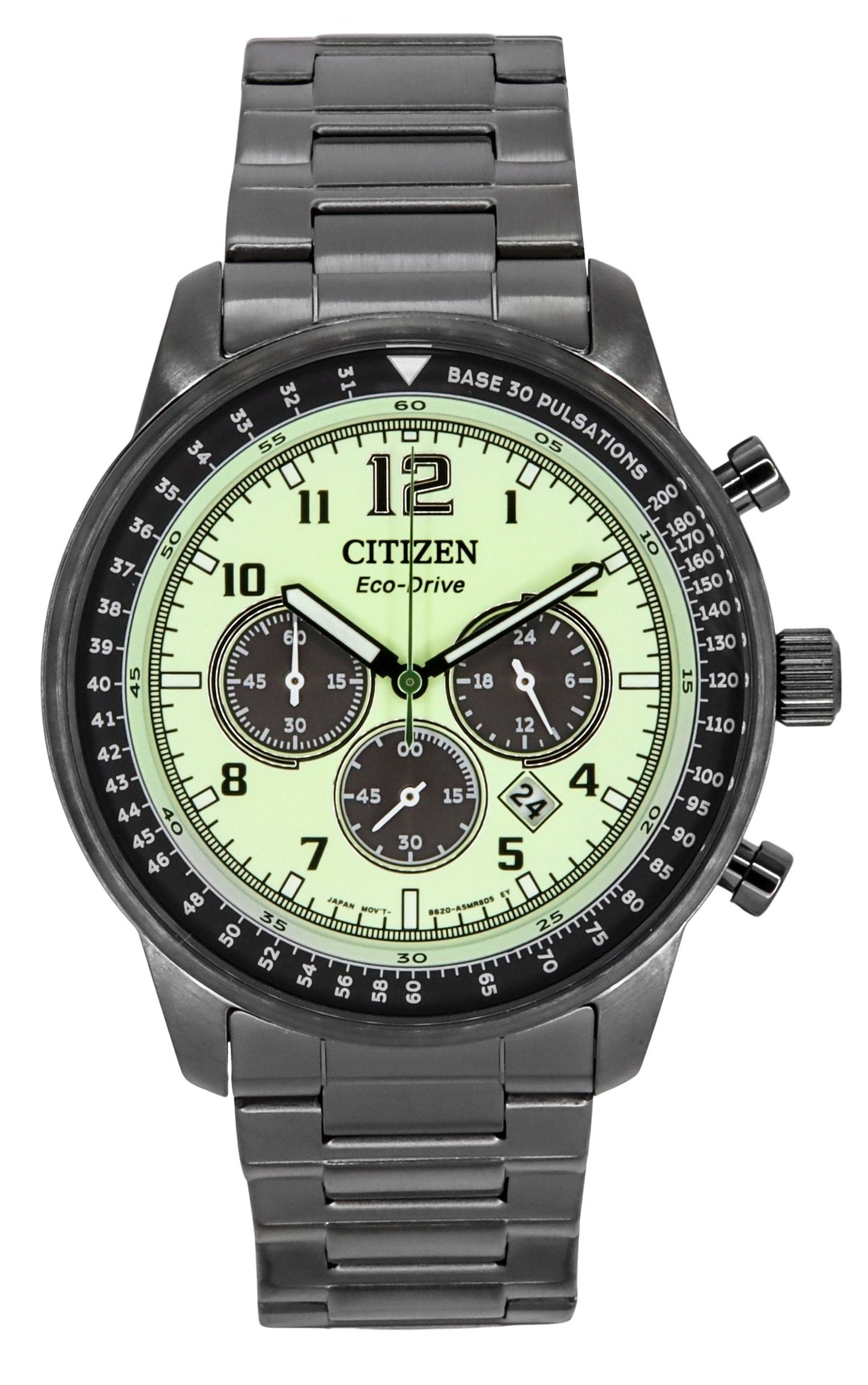 Citizen Eco-Drive Chronograph Grey Ion Stainless Steel Full Luminous Green Dial CA4507-84X 100M Men's Watch