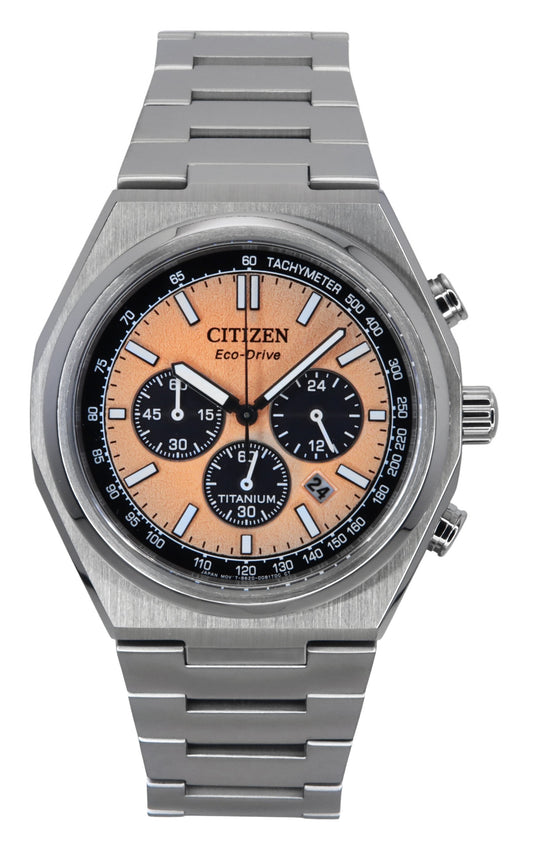 Citizen Zenshin Chronograph Super Titanium Salmon Dial Eco-Drive CA4610-85Z 100M Men's Watch