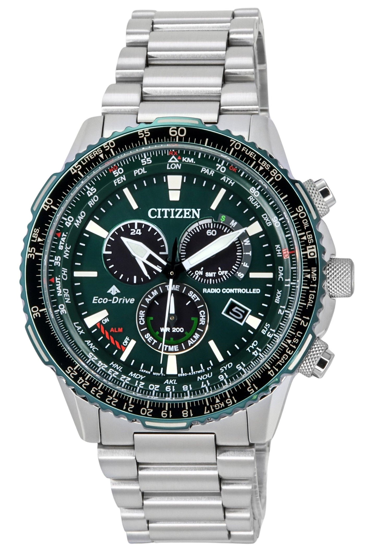 Citizen Promaster Sky A-T Radio Controlled Chronograph Green Dial Eco-Drive CB5004-59W 200M Men's Pilot Watch