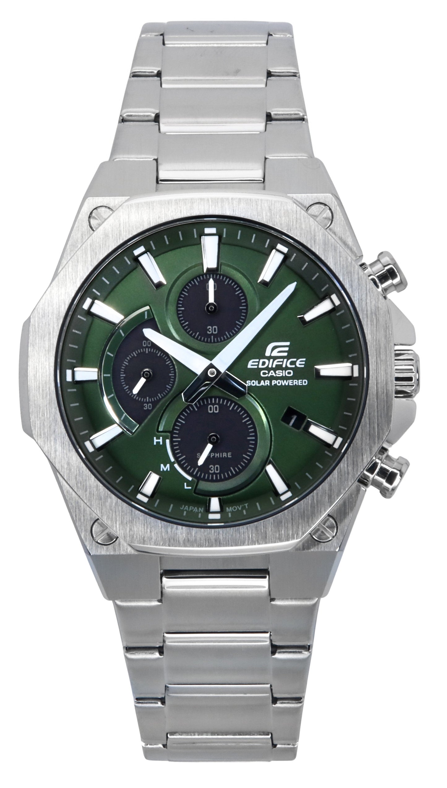 Casio Edifice Slim Line Analog Chronograph Stainless Steel Green Dial Solar EFS-S570D-3A 100M Men's Watch