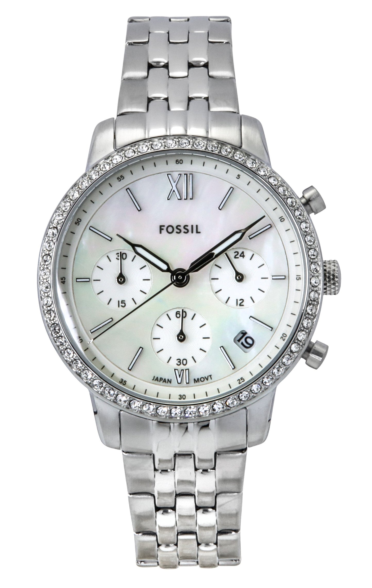 Fossil Neutra Chronograph Crystal Accents Stainless Steel White Mother Of Pearl Dial Quartz ES5357 Women's Watch