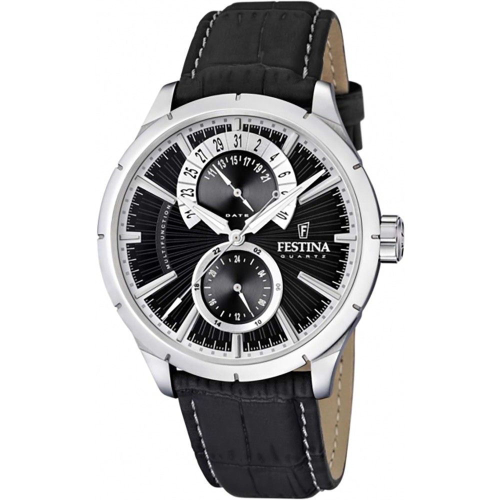 Festina Retro Leather Strap Multifunction Black Dial Quartz F16573-3 Men's Watch