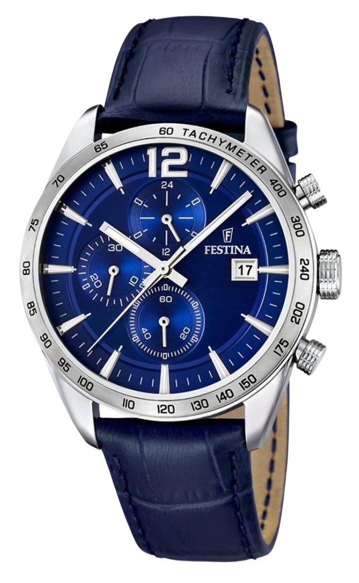 Festina Timeless Chronograph Leather Strap Blue Dial Quartz F16760-3 Men's Watch