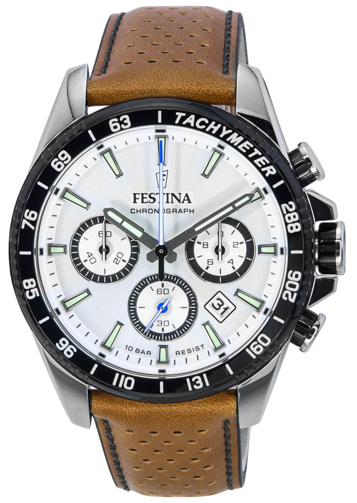 Festina Timeless Chronograph Leather Strap White Dial F20561-1 F205611 100M Men's Watch