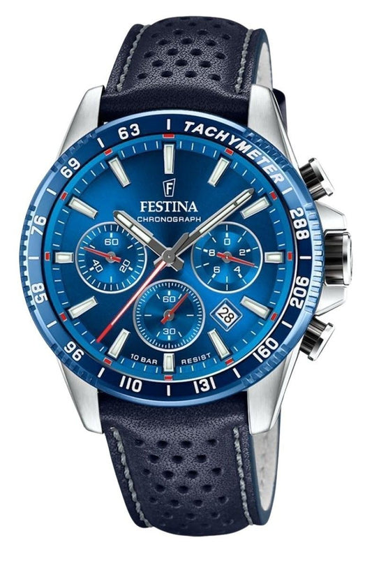 Festina Timeless Chronograph Leather Strap Blue Dial Quartz F20561-3 100M Men's Watch