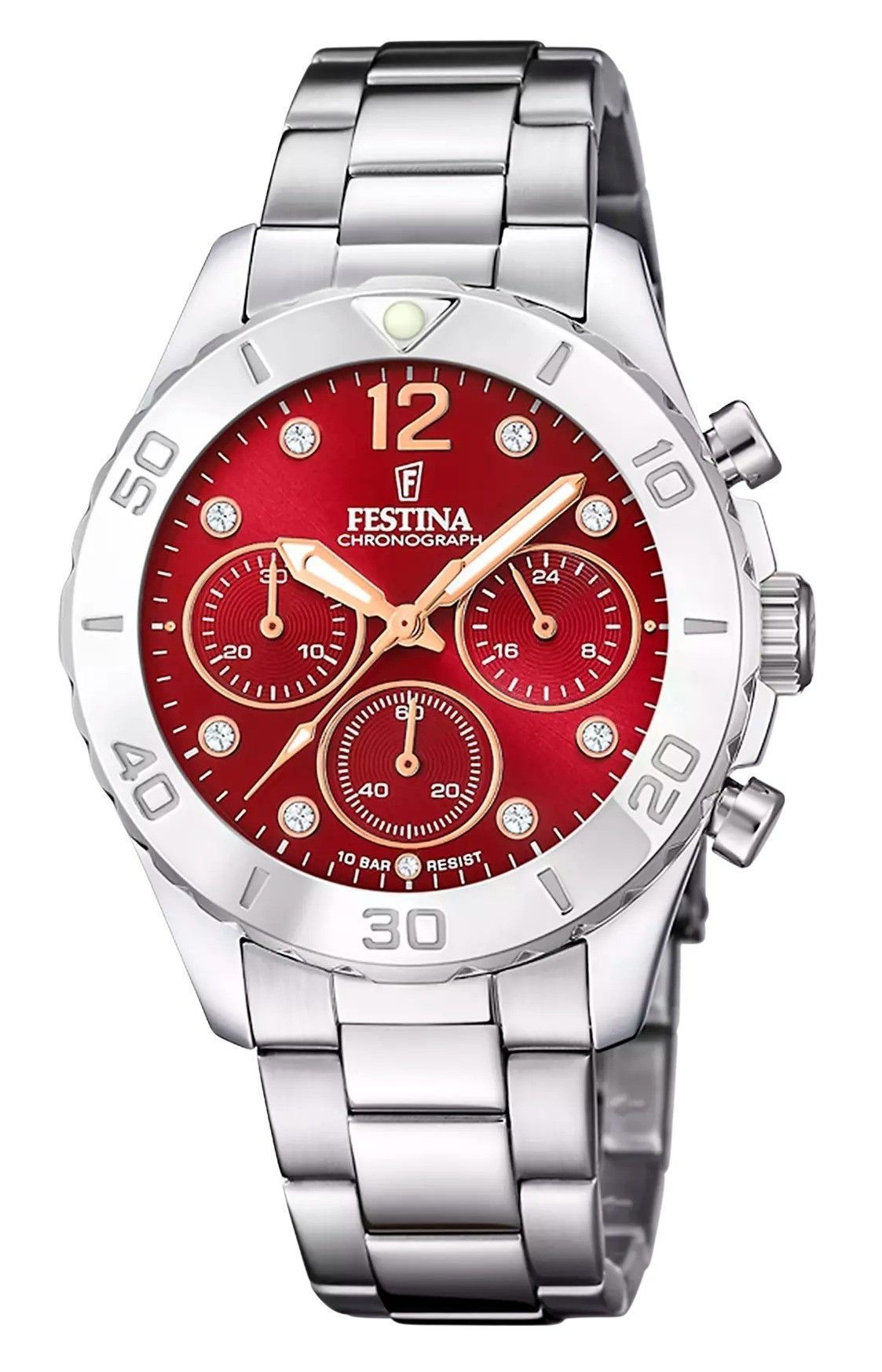 Festina Boyfriend Chronograph Stainless Steel Red Dial Quartz F20603-2 100M Women's Watch