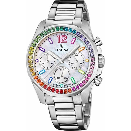 Festina Rainbow Chronograph Stainless Steel Crystal Accents Silver Dial Quartz F20606-2 100M Women's Watch