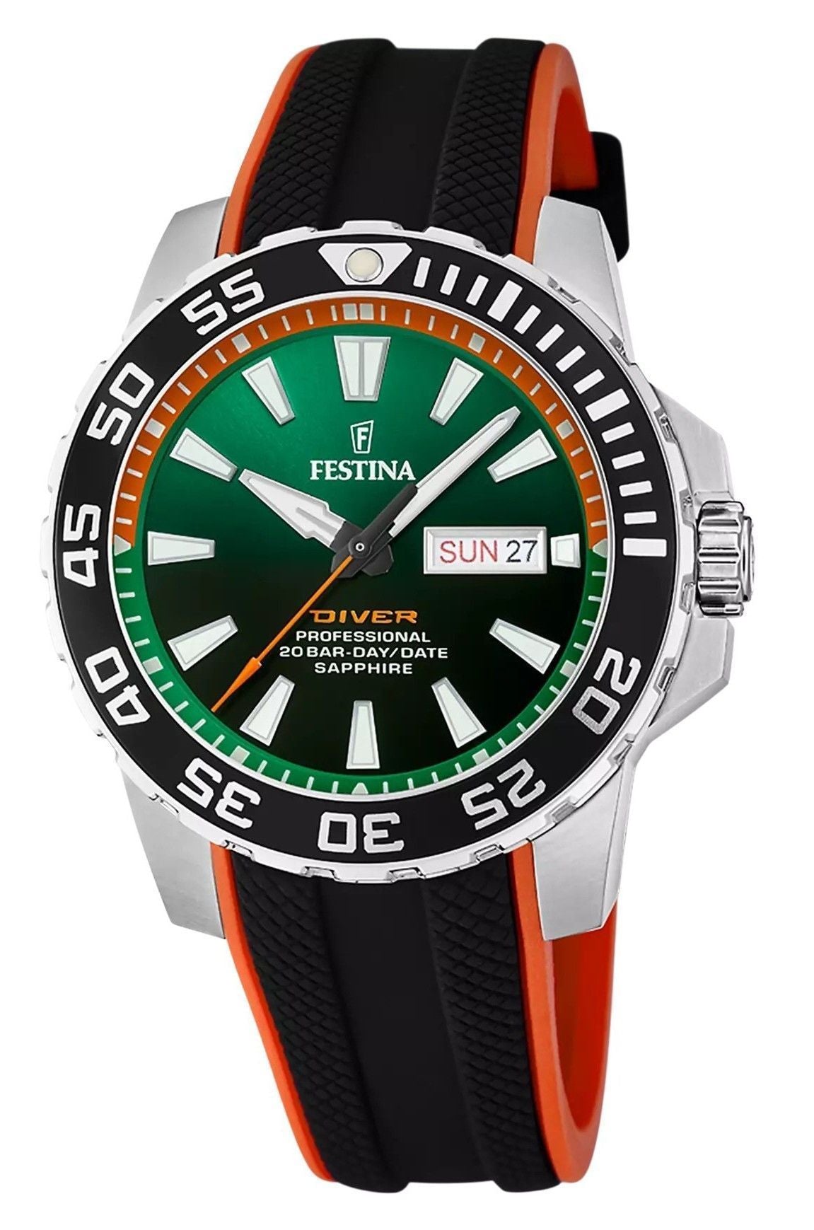 Festina The Originals Rubber Strap Green Dial Quartz Diver's F20662-2 200M Men's Watch