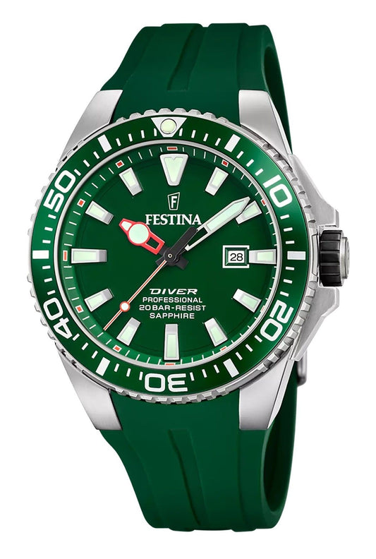 Festina The Originals Rubber Strap Green Dial Quartz Diver's F20664-2 200M Men's Watch