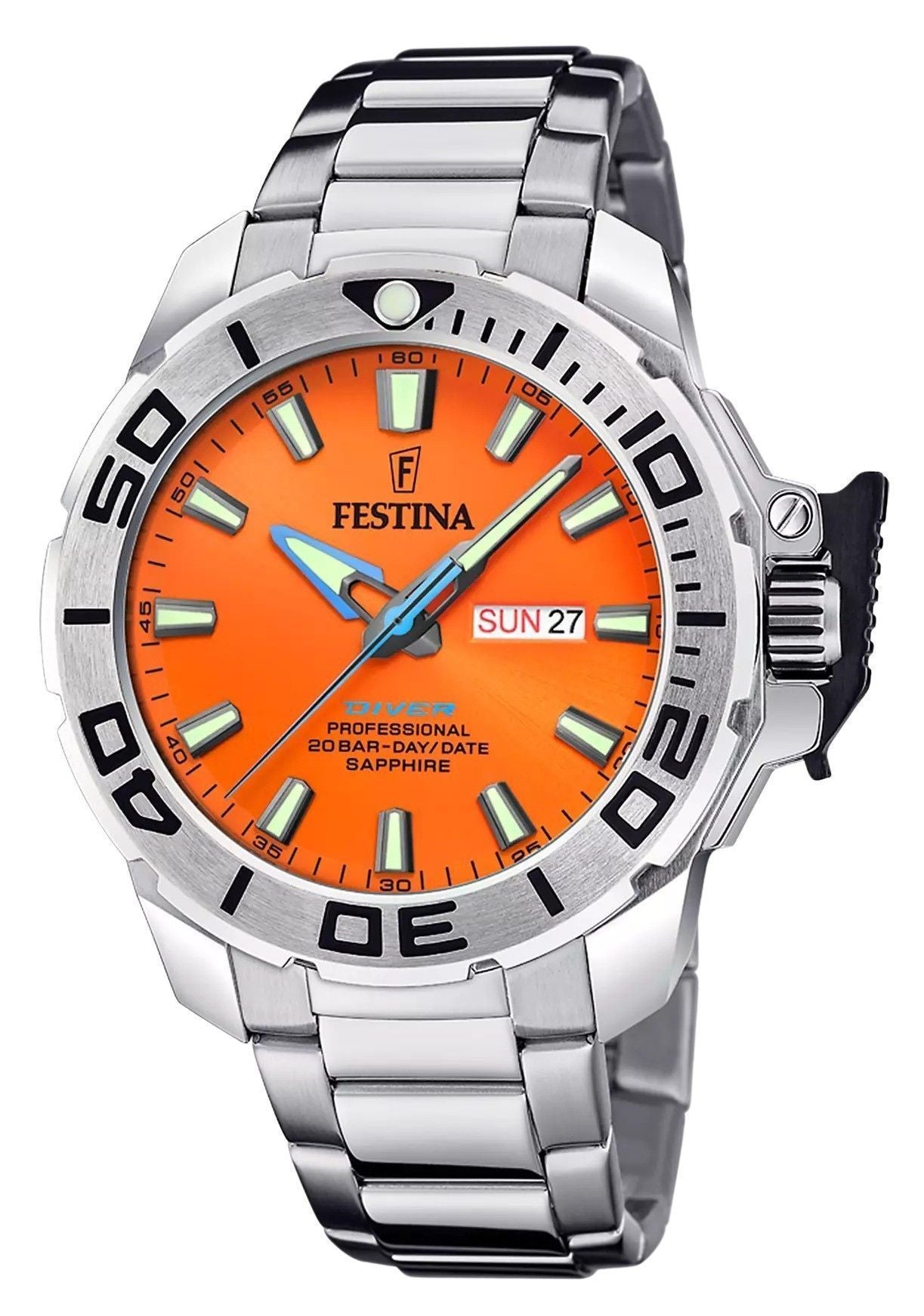 Festina The originals Stainless Steel Orange Dial Quartz Diver's F20665-5 200M Men's Watch