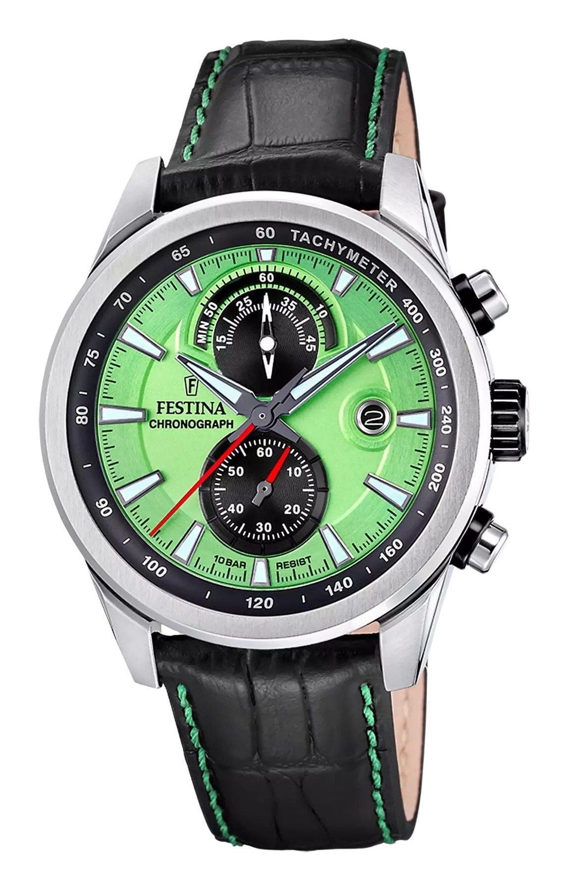 Festina Timeless Chronograph Leather Strap Green Dial Quartz F20695-3 100M Men's Watch