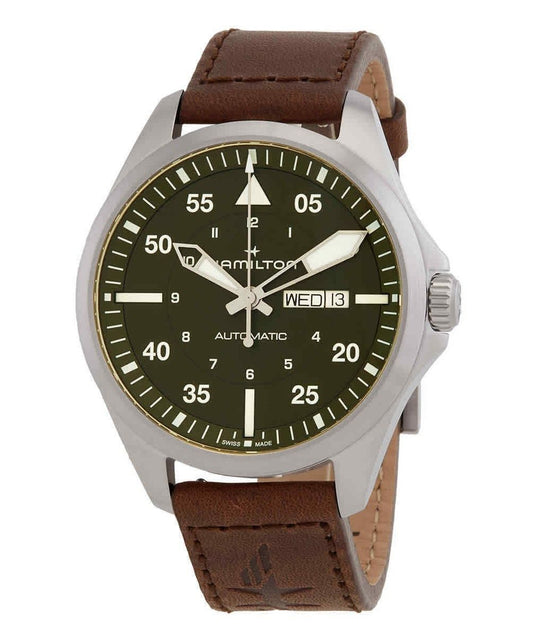 Hamilton Khaki Aviation Pilot Leather Strap Green Dial Automatic H64635560 100M Men's Watch