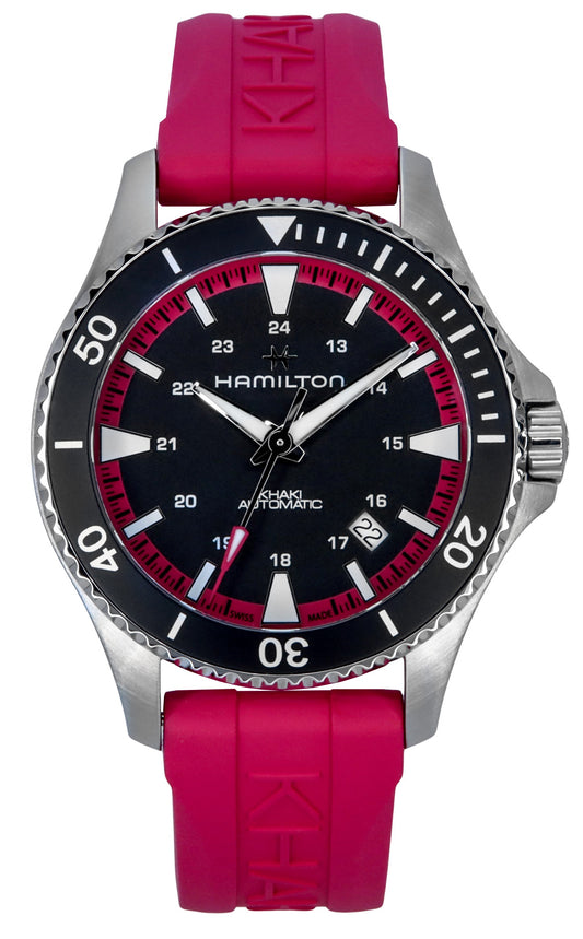 Hamilton Khaki Navy Scuba Pink Rubber Strap Black Dial Automatic H82395330 100M Unisex Watch