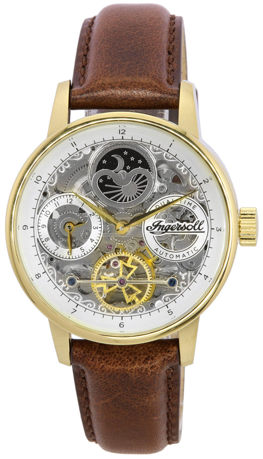 Ingersoll The Jazz Moon Phase Leather Strap Skeleton Gold Dial Automatic I07704 Men's Watch