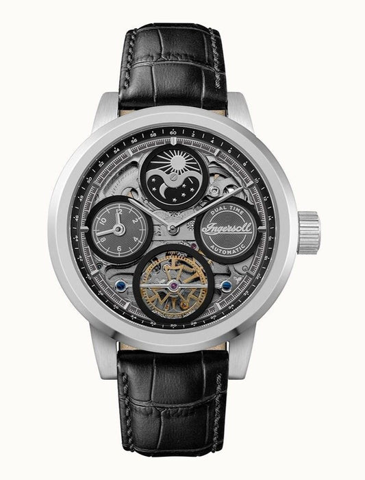 Ingersoll The Arc Moon Phase Leather Strap Black Skeleton Dial Automatic I16001 Men's Watch