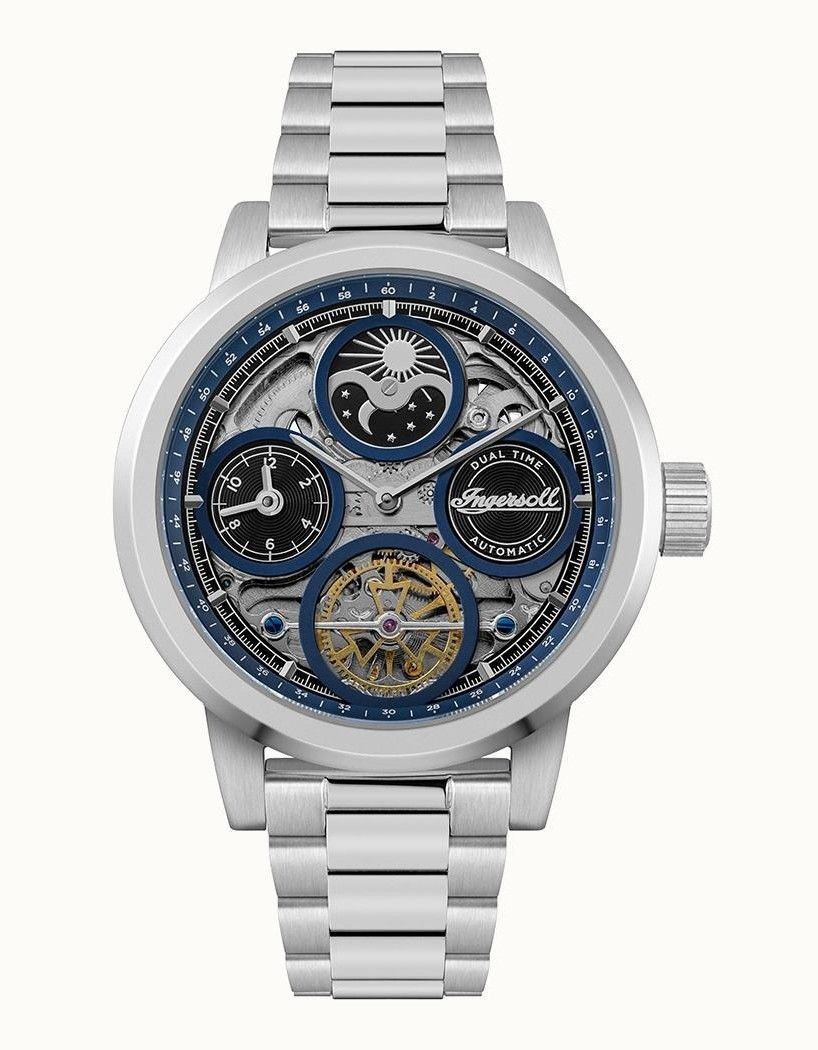 Ingersoll The Arc Moon Phase Stainless Steel Blue Skeleton Dial Automatic I16003 Men's Watch