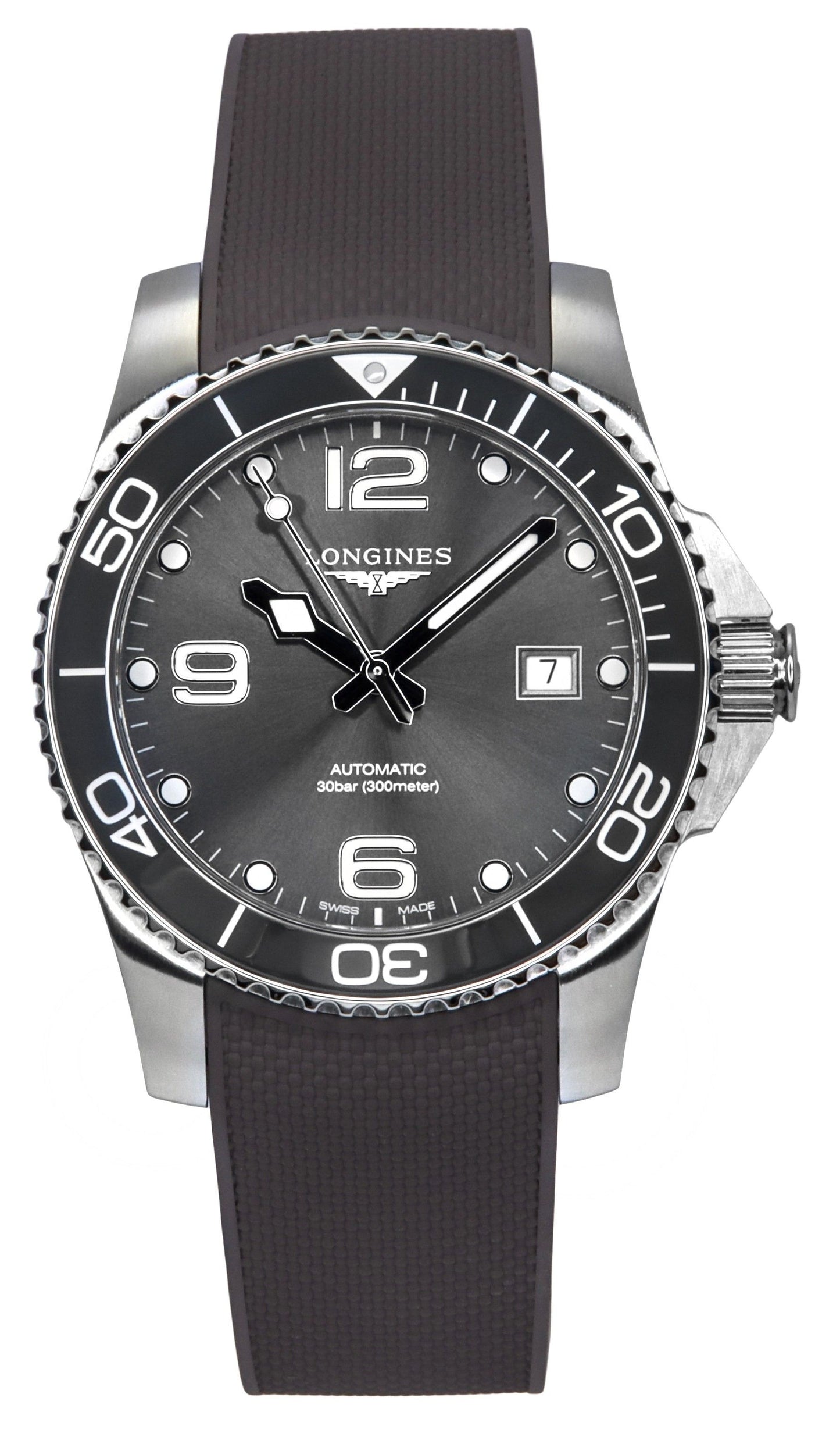 Longines Hydroconquest Rubber Strap Sunray Gray Dial Automatic Diver's L3.781.4.76.9 300M Men's Watch