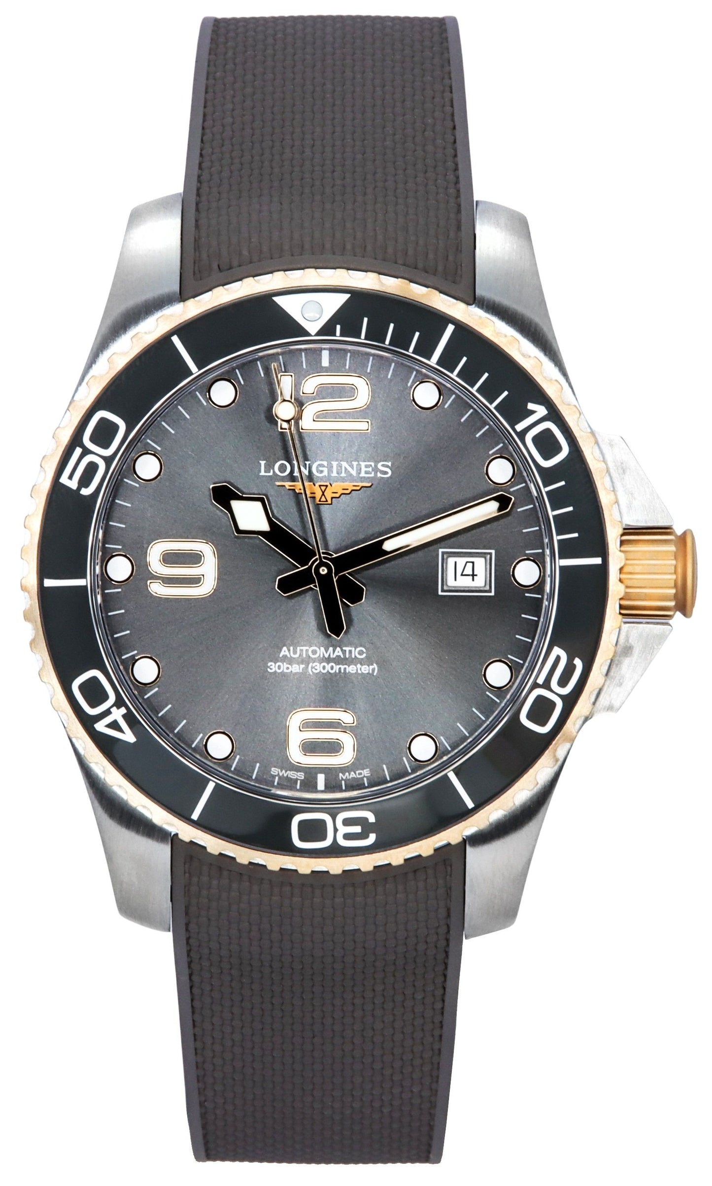 Longines HydroConquest Rubber Strap Sunray Gray Dial Automatic Diver's L3.782.3.78.9 300M Men's Watch