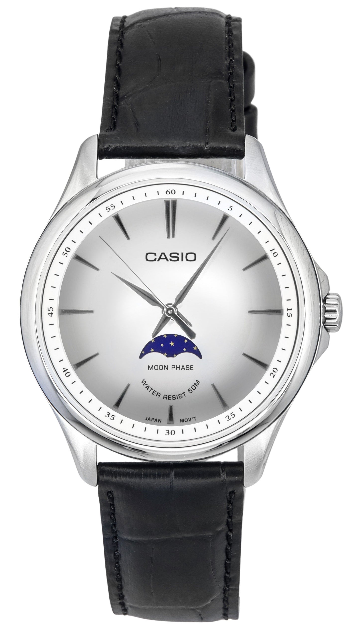 Casio Standard Analog Moon Phase Leather Strap Silver Dial Quartz MTP-M100L-7A Men's Watch